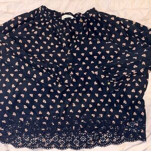 Floral Black Blouse with Eyelet Hem